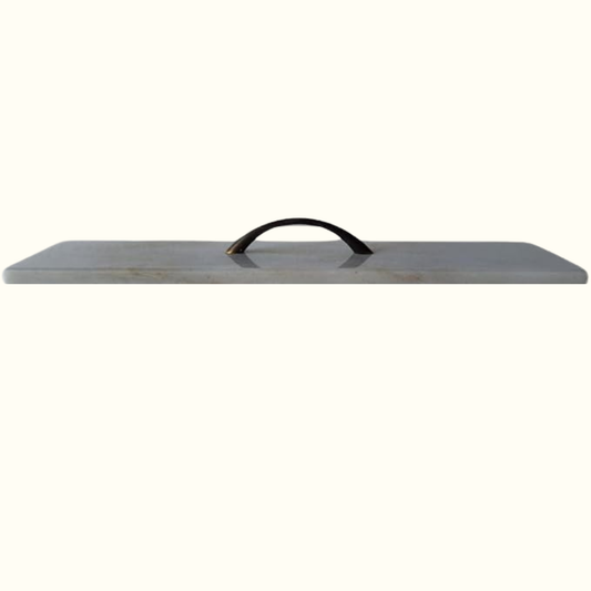 Slim rectangular gray marble serving board with metal handle, Italian handcrafted design