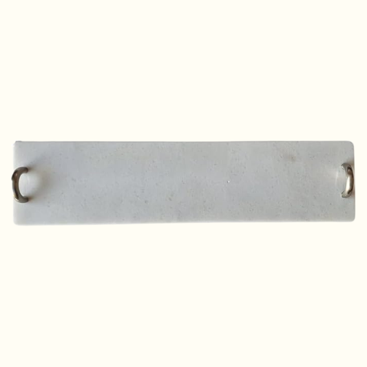 Rectangular white marble serving tray with metal handles, handcrafted Italian design