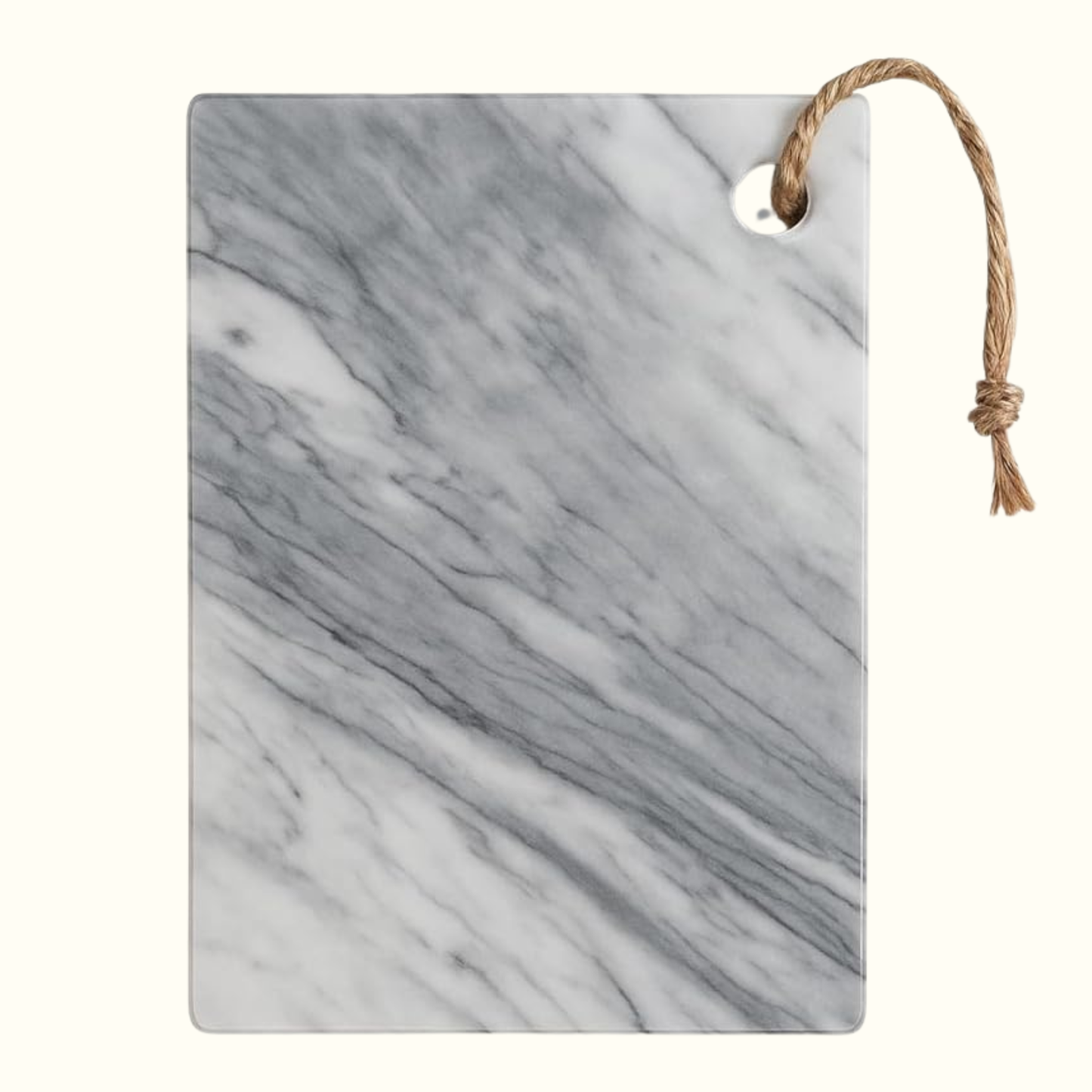 White Carrara marble cutting board with rope handle, handcrafted in Italy