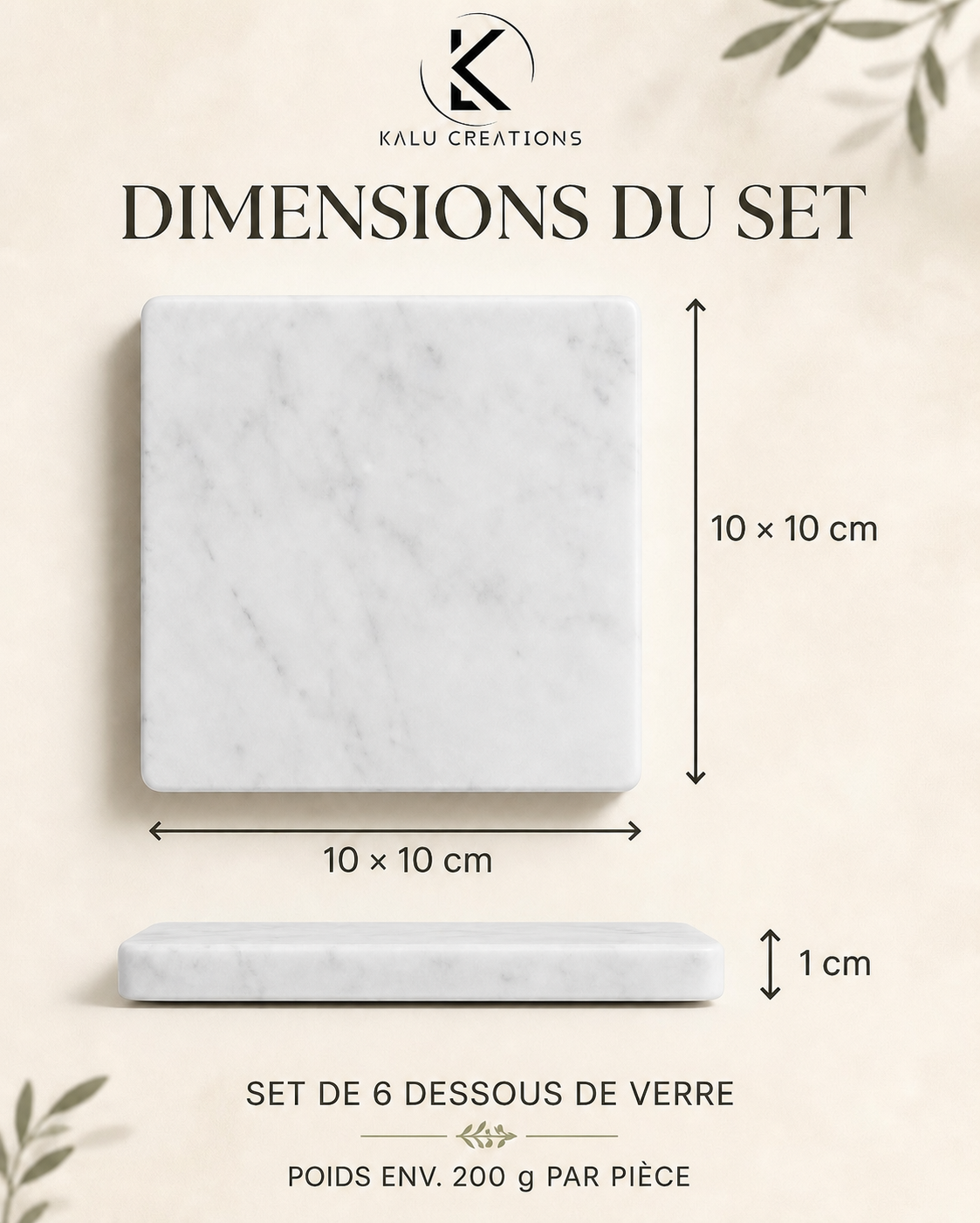 Set de 6 : 10 × 10 cm, épaisseur 1 cm